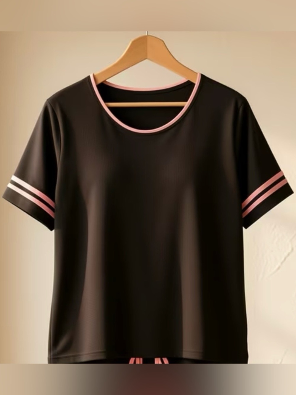 Women's Black Tee with Pink Trim - Casual Short Sleeve Top
